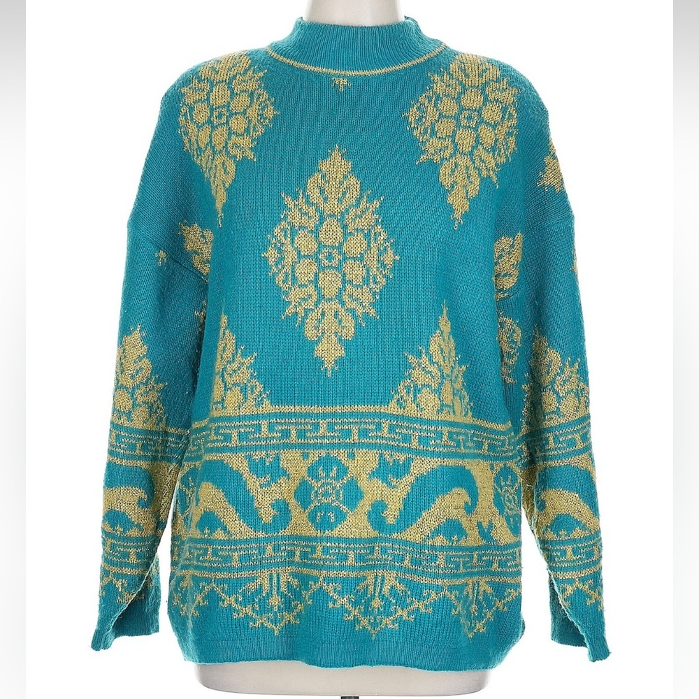 Vintage Western Connection Knit Pullover Teal Sweater Gold Pattern Size Large L